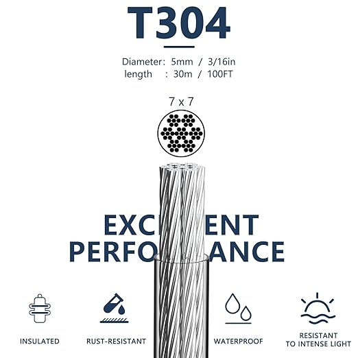 3/16 Wire Rope Kit, 100ft Vinyl Coated Galvanized Steel Cable with M5 Turnbuckles for Cables Wire, Rope Clamp & Thimble, 7X7 Strand Aircraft Cable for Anchored Shed, Fencing, Sunshade