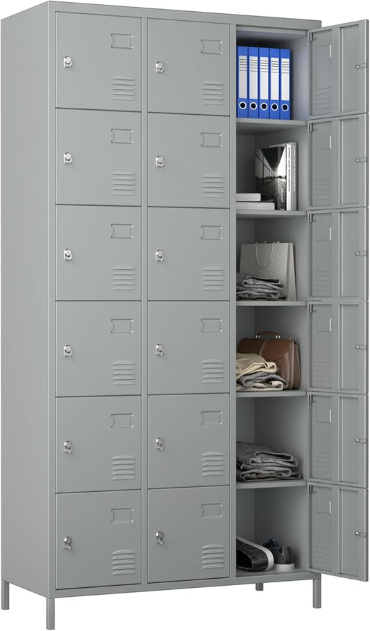 METAN Metal Locker for School Office Gym Bedroom, 18 Doors Steel Storage Locker Cabinet for Employees, Industrial Storage Locker, Assembly Required (18 Door-Grey)
