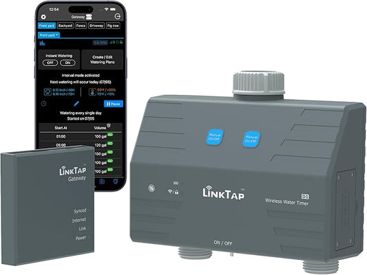 LinkTap D1 Wireless Water Timer & Gateway, 2 Zone Smart Hose Faucet Timer, Built-in Flow Meters, Real-Time Fault Detection & Notification, Weather Adaptive, Better Range Than WiFi, IP66, 2-Yr Warranty