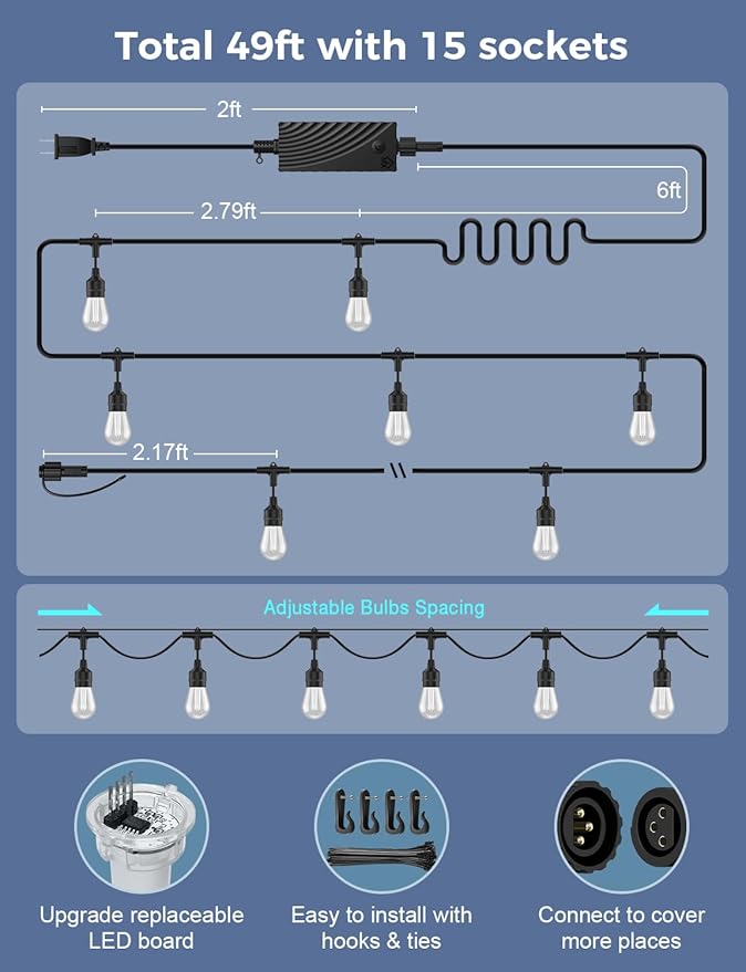 XMCOSY+ Outdoor String Lights Smart, 49Ft RGBCWIC Patio Lights Waterproof, App Control, Compatible with Alexa, Color Changing LED String Light for Outside Yard Garden Porch