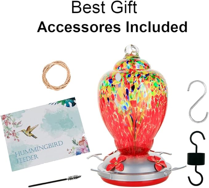 WOSIBO Hummingbird Feeder for Outdoors Patio Large 32 Ounces Colorful Hand Blown Glass Hummingbird Feeder with Ant Moat Hanging Hook, Rope, Brush and Service Card (Red-Sunrise)