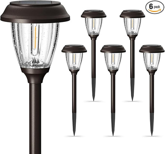 XMCOSY+ Solar Lights Outdoor 10/25 LM LED with 2 Lighting Modes, Solar Garden Lights Glass and Metal, IP65 Waterproof Solar Powered for Yard Pathway Walkway Driveway Patio (6 Pack, Warm White)