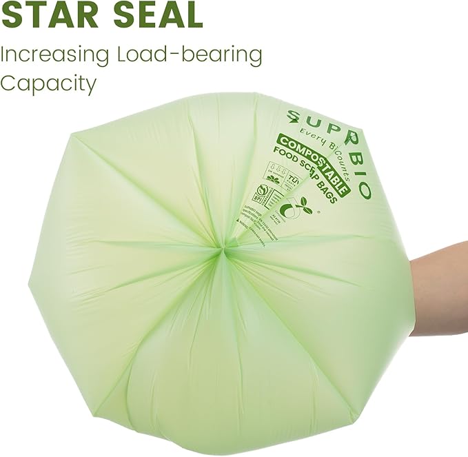 SUPERBIO 2.6 Gallon Compostable Food Waste Bags, 100 Count, 1 Pack, Flat Top Food Scrap Bags， ASTM D6400，Certified by BPI and OK compost INDUSTRIAL,9.84L