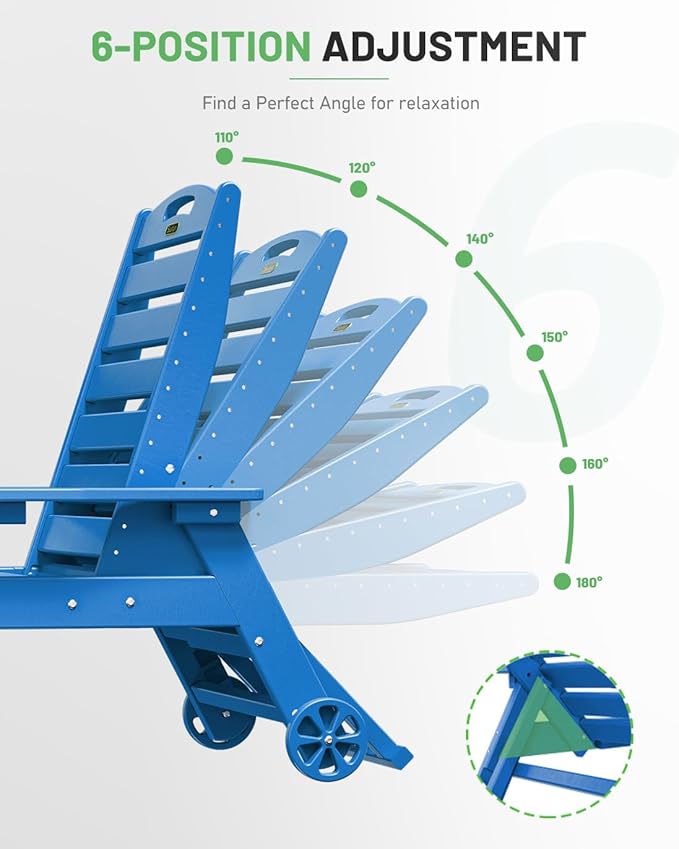 Lounge Chair Outdoor, Patio Chaise Lounge, HDPE 6-Position Outdoor Chaise Lounge, Patio Lounge Chair with Wheels & Cup Holder for Pool Poolside Deck Backyard, Navy Blue