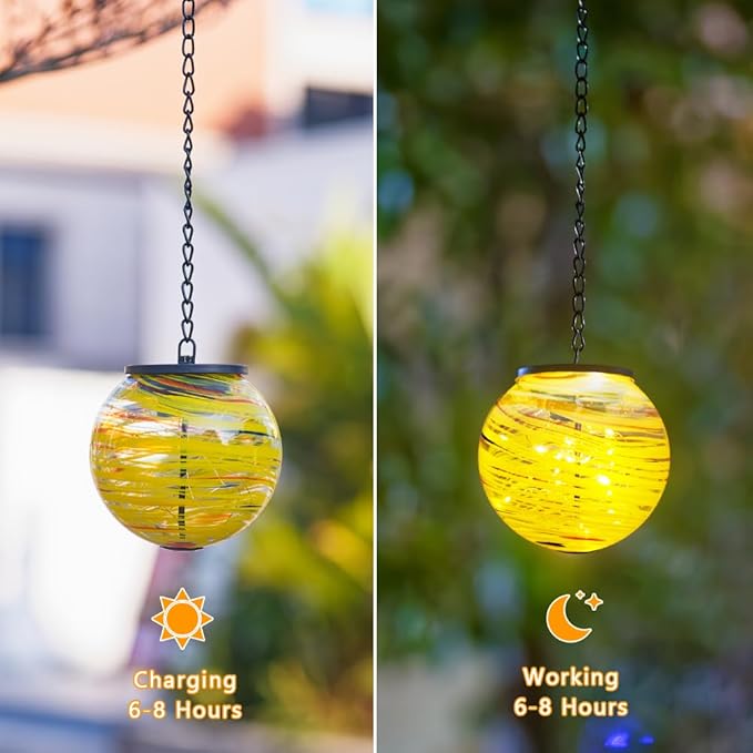Solar Lanterns Outdoor Waterproof LED Lights 4.7" Glass Hanging Solar Lights with Metal Chain,Gazing Globe Ball Outdoor Decorative Lantern for Patio Pathway Yard Garden Decor(Yellow)