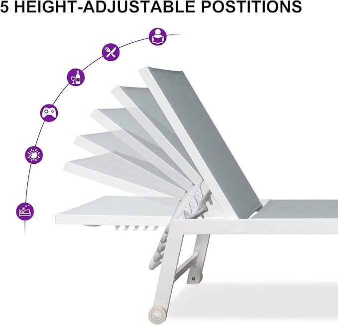 PURPLE LEAF Oversize Outdoor Chaise Lounge Set of 4 Outdoor White Aluminum Lounge Chairs with Side Table and Wheels Patio Lounge Chair for Yard Pool Deck, Bluish-Gray