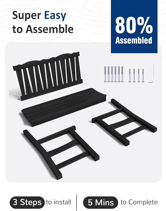 Patio Chairs Set, Weatherproof HIPS Outdoor Furniture, Include 2 Patio Dining Chairs + Outdoor Bench, Suit for Garden, Porch, Lawn & Backyard (Black)