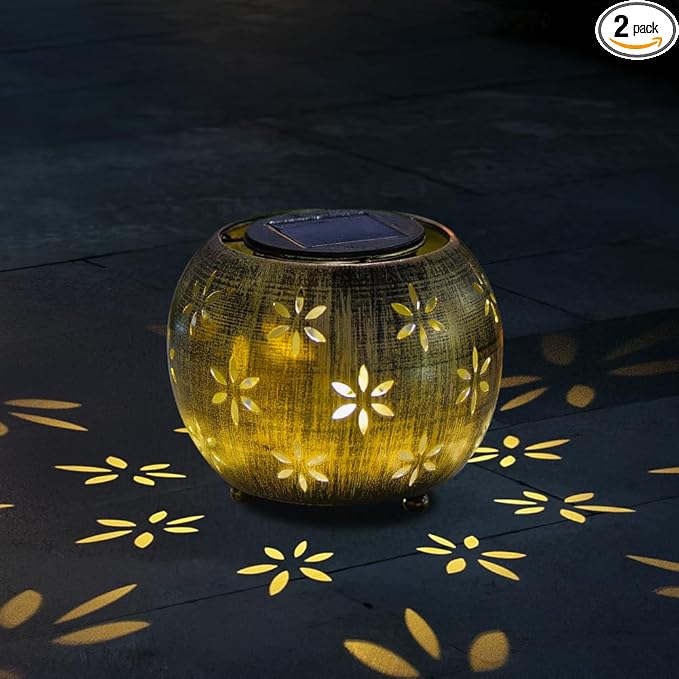 VEWOGARDEN 2 Pack Solar Lanterns Outdoor Waterproof Solar Lantern Hollow Out Metal Lantern Solar Lights for Patio Garden Table Decor