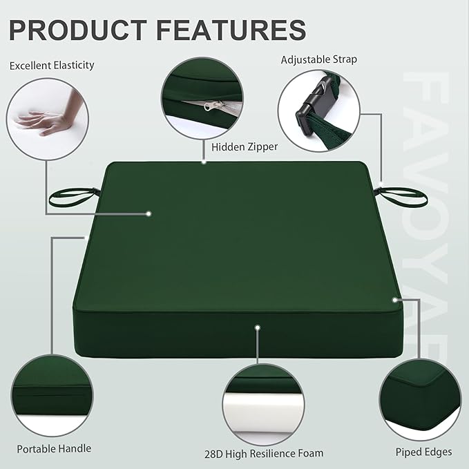 Favoyard Patio Chair Cushions 20 x 20 x 3 Inch Waterproof Outdoor Seat Cushions for Patio Furniture 3-Year Color Fastness Garden Sofa Couch Chair Pads with Handle & Adjustable Straps Set of 2, Green