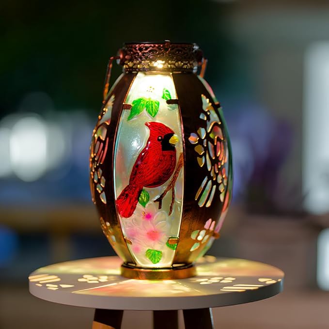 Starsoul Cardinal Outdoor Solar Lantern - Metal & Stained Glass Cardinal Solar Light, Waterproof Tabletop Lamp with Hollowed-Out Design for Yard, Patio, Garden, Pathway