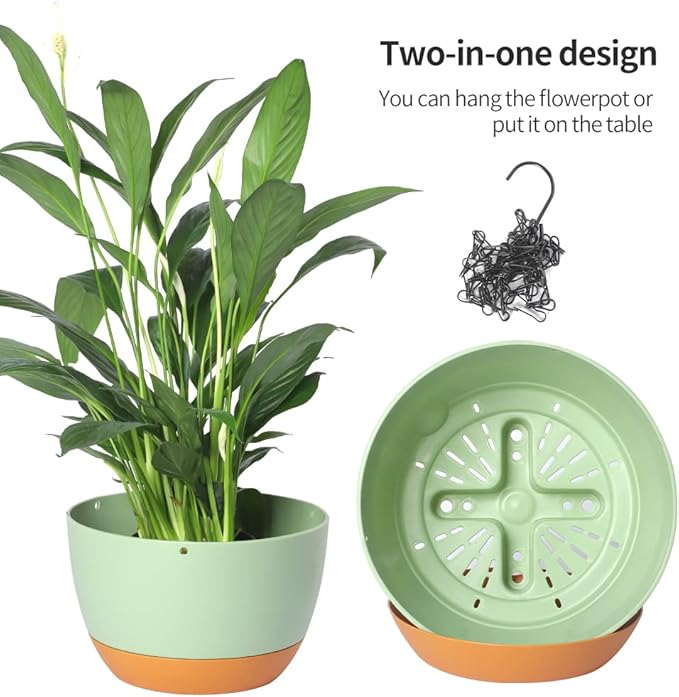 2 Pack Plastic Hanging Planters Set ,10 Inch Hanging Flower Plant Pot with Drainage Hole for Indoor Outdoor Plants, Round Hanging Basket with Removable Tray for Home Garden Porch Balcony Patio Decore