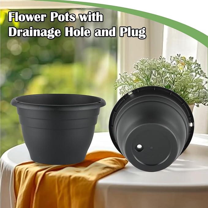 Plant Pots Indoor with Drainage, 3 Pack 11 Inch Plastic Pots for Plants（10 inch Inner Diameter）, Durable Plastic Flower Pots, Planters for Indoor Ourdoor Plants, Black
