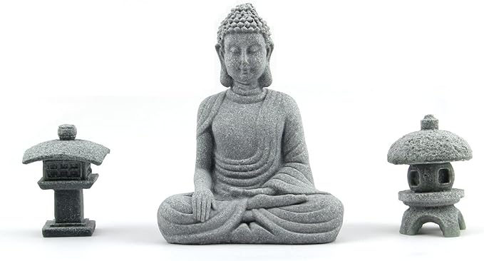 Buddha Statue and 2 Japanese Lantern Pagoda Statues - Zen Garden Accessories for Home and Mini Meditation Decor