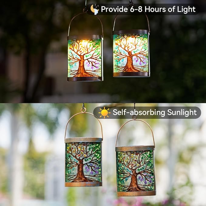 Starsoul 2 Pack Hanging Solar Lantern Outdoor Waterproof Glass Tree of Life Decorative Solar Lights for Outside Garden Yard Table Patio Decor