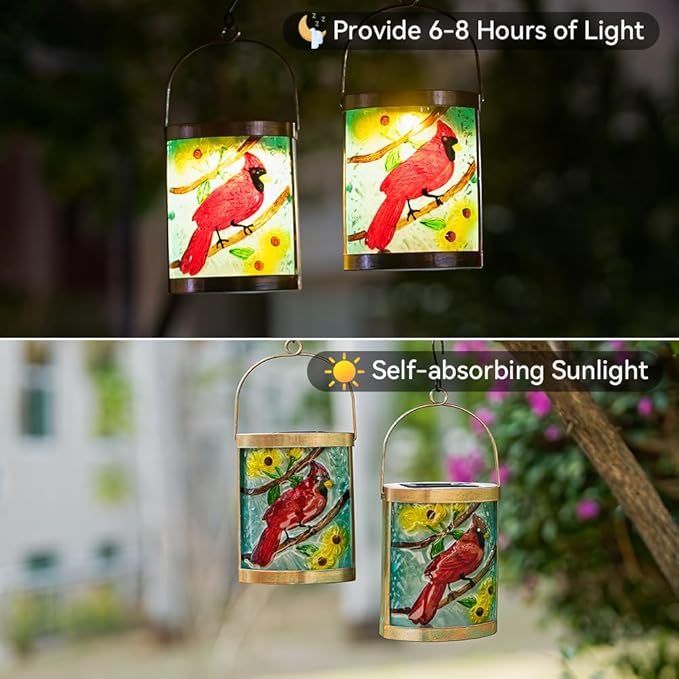 Starsoul 2 Pack Hanging Solar Lantern Outdoor Waterproof Glass Red Cardinal Decorative Solar Lights for Outside Garden Yard Table Patio Decor Cardinal Gifts