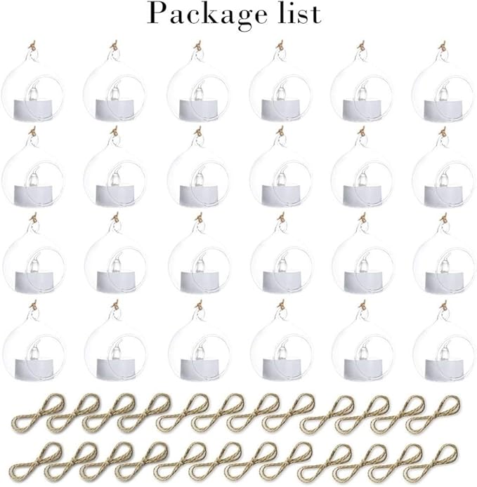 Sziqiqi Hanging Glass Globes Orbs Tea Light Candle Holders with Flameless LED Tealight for Wedding Ornaments, Wedding Birthday Christmas Party Centerpiece Accessory 2.36inch 20pcs +4 Extra