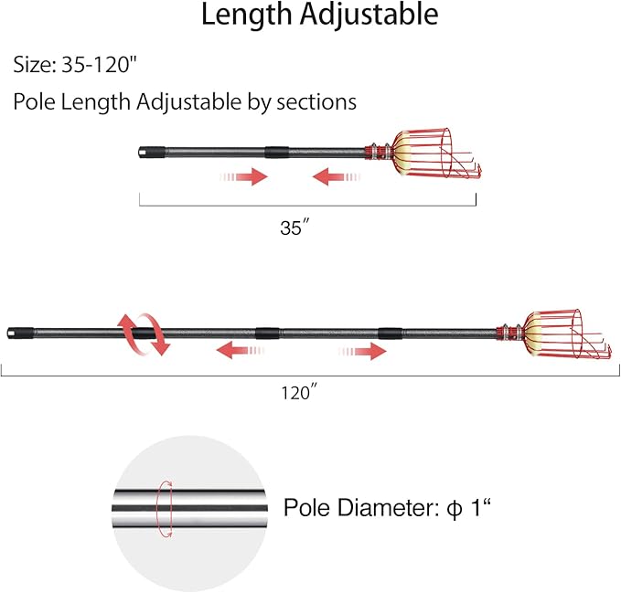 DonSail Fruit Picker Pole Tool with Basket Telescoping - Adjustable Mango Picker 35-120 inch Long Handle - Apple Orange Avocado Acorn Lemon Pear Pomelo Chery Picker for Tree