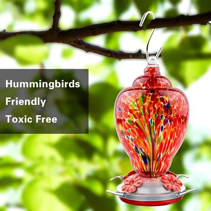 WOSIBO Hummingbird Feeder for Outdoors Patio Large 32 Ounces Colorful Hand Blown Glass Hummingbird Feeder with Ant Moat Hanging Hook, Rope, Brush and Service Card (RED-Firework)