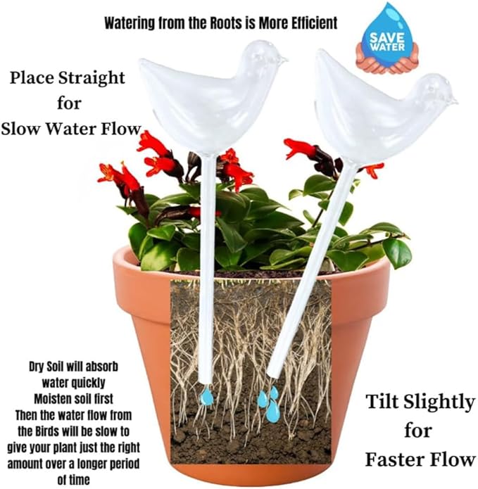 Evelots Plant Self Watering Glass Globes, Bird Shaped Bulbs (4 Pack) Automatic Water Irrigation System for Plants with Funnel, Indoor & Outdoor Use -Extra Long 9.5 Inches