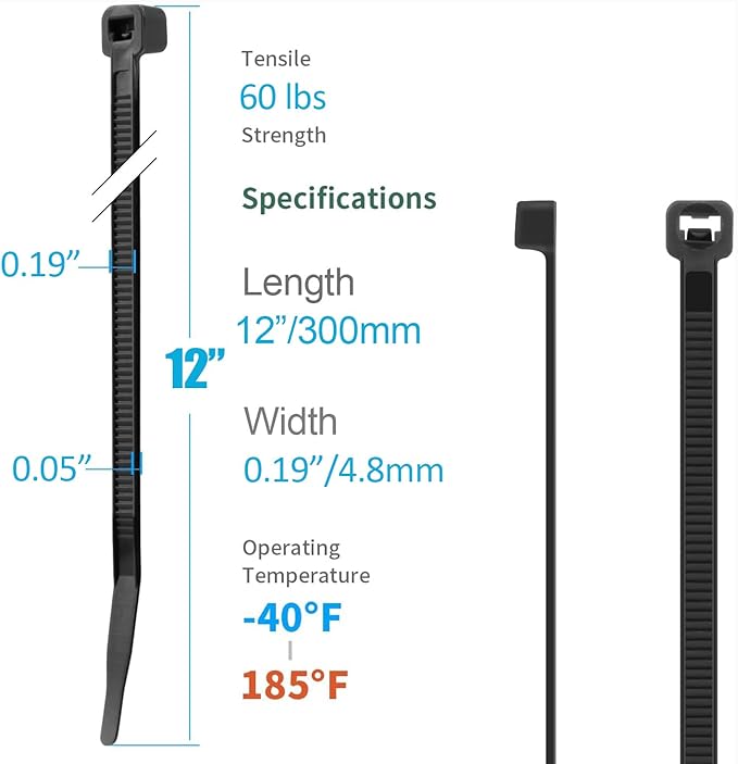 XINGO 5000 PCS Black Zip Ties 12 Inch, 60 LBS Tensile Strength, Self-Locking Nylon Plastic Nylon PA66 Wire Ties for Indoor and Outdoor Use
