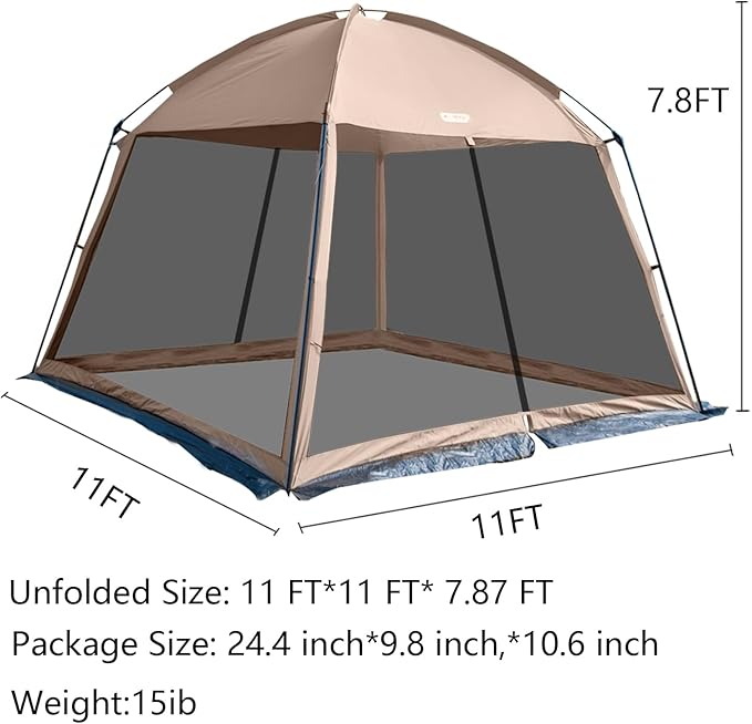 11x11 Ft Screen House Tent - Instant Pop Up Mesh Canopy Shelter with Waterproof & Sunshade Roof, Easy Setup for Camping, Backyard, Beach, Picnic