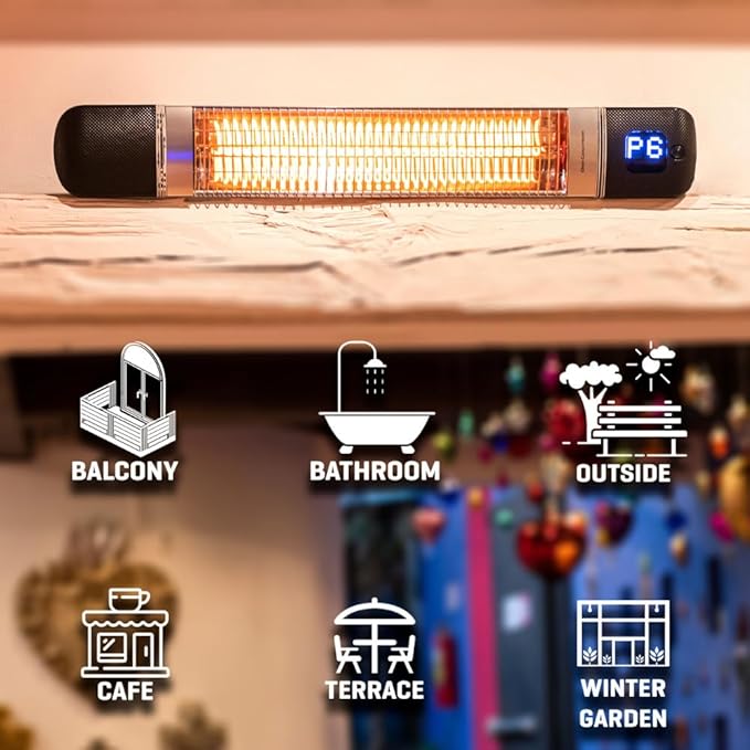 Luxeva Infrared Patio Heater, Carbon Wall Mounted Heater 300/1500W, 6 Heat Modes Outdoor Heater, IP55 Waterproof, Instant Heat in 3 Seconds, Remote Control (BLACK)