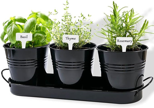 vensovo Indoor Herb Planter Set - Galvanized Windowsill Garden Pots with Tray & Drainage, Set of 3 Metal Window Planters for Kitchen & Outdoor Use, Black