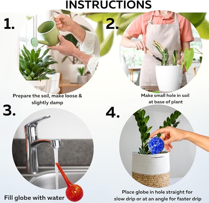 Evelots Plant Watering Globes (6 Pack) - Hand Blown Glass - Automatic Water Irrigation System - Indoor/Outdoor - Leave Your Home Worry Free