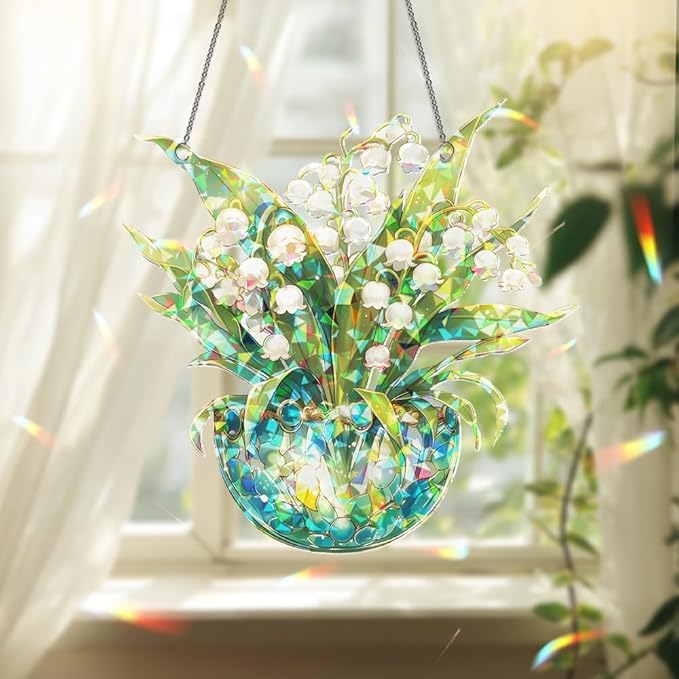 Lily of The Valley Acrylic Suncatcher – Stained Glass Ornament, Sun Catchers for Windows Hanging, Window Decor and Handmade Gift Idea, Gifts for Mom, Grandma, Nana, Plant Lovers