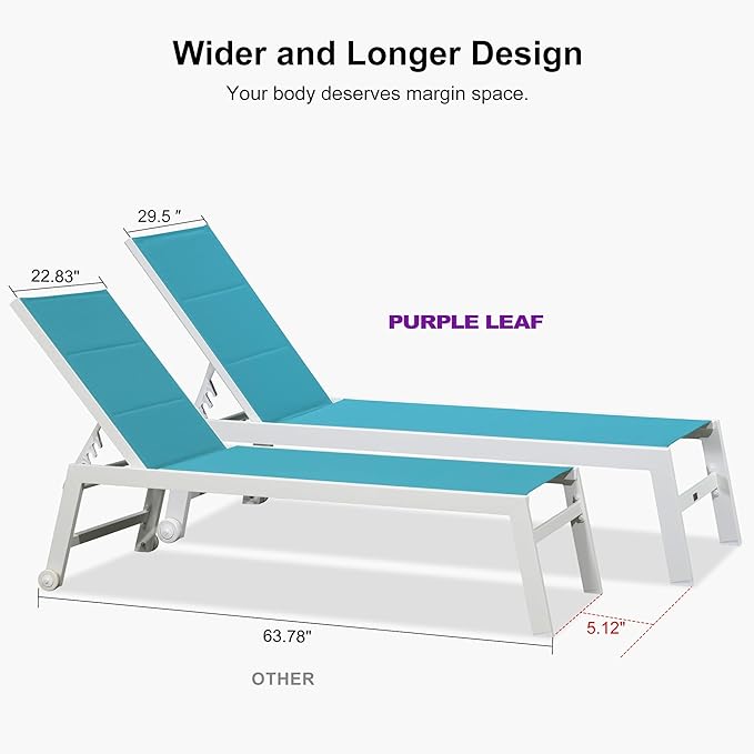 PURPLE LEAF Outdoor Chaise Lounge Set Oversize Adjustable Sunbathing Recliner Extra Wide Lounge Chairs with Side Table for Poolside Beach Outside Patio Aluminum Chaise Lounger Blue 2 Sets