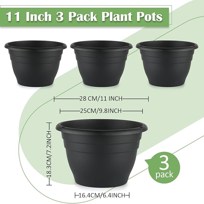Plant Pots Indoor with Drainage, 3 Pack 11 Inch Plastic Pots for Plants（10 inch Inner Diameter）, Durable Plastic Flower Pots, Planters for Indoor Ourdoor Plants, Black