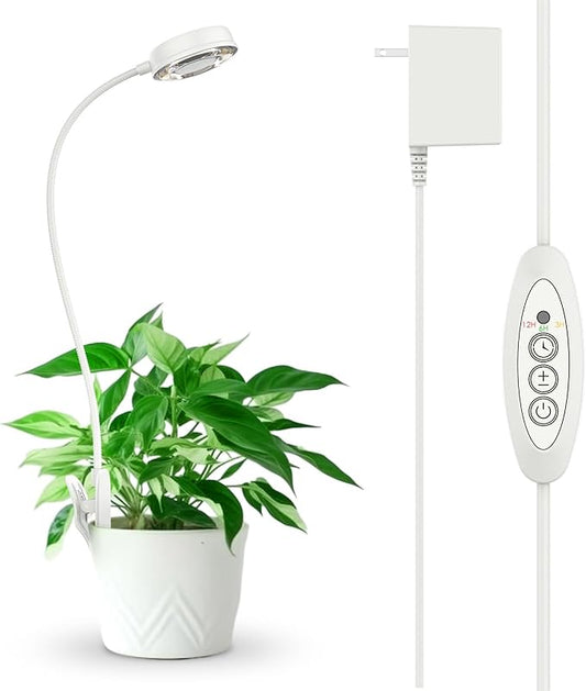 SANSI Grow Lights for Indoor Plants, Pot Clip LED Plant Light for Growing Full Spectrum, Plant Growing Lamp with 4-Level Dimmable, Auto On Off 3 6 12 Hrs Timer for Pot Plants, White 10W 1-Pack