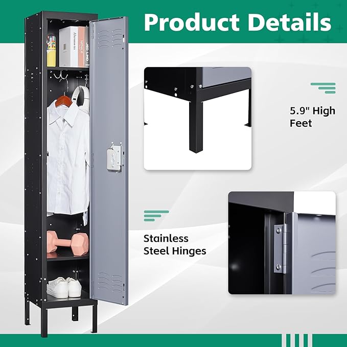 Letaya Metal Locker for Employees,Lockable Clothes Storage Steel Organizer Cabinet for Work,School,Gym,Home,Office,Staff,Kid Room (1 Door-Black Gray)