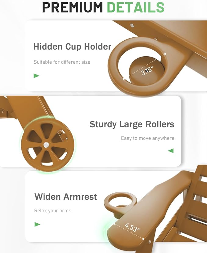 Lounge Chair Outdoor Set of 2, HDPE Chaise Lounge Outdoor with 6-Position & Wheels &Cup Holder, Pool Lounge Chair for Pool Poolside Deck Backyard Patio, Teak