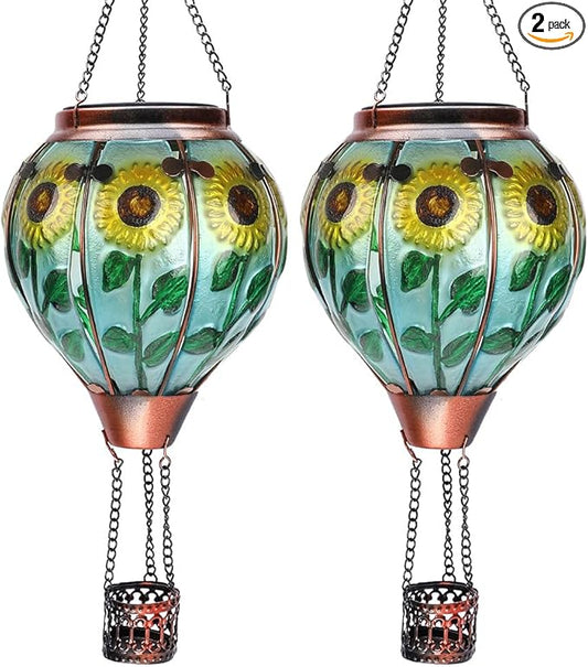 2PC Hot Air Balloon Solar Lantern with 2PC Shepherd Hook, Flickering Flame Hanging Solar Lanterns Outdoor Lights Waterproof Lanterns Decorative Garden Patio Yard Party Decor (Sunflower)