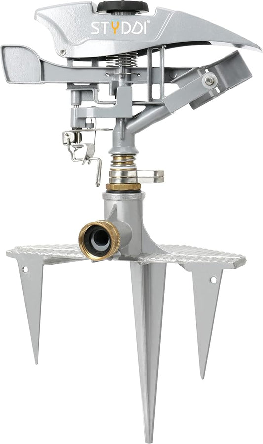 STYDDI Professional Heavy Duty Pulsating Sprinkler on Metal 3-Pronged Step Spike, Metal Pro Adjustable Circular Sprinkler for Large to Extra Large Yard, Areas, Lawn, Coverage up to 8500 Sq.FT