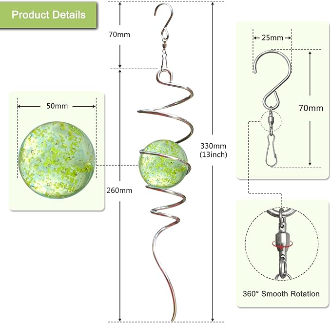 Glow in The Dark Gazing Ball Spiral, Wind Spinner Tail, Wind Spinners Stabilizer, Hanging Outdoor Decor for Garden Yard Art Decor Christmas Ornament Sun Catcher Rainbow Maker 13in Height