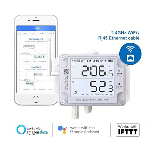 Ubibot GS1-AETH1RS + Siren Bundle Ethernet Thermometer Hygrometer, WiFi Temperature Humidity Sensor, Digital Temperature Data Logger, Free App Email Alert(2.4GHz WiFi & RJ45 Ethernet, no hub Required)