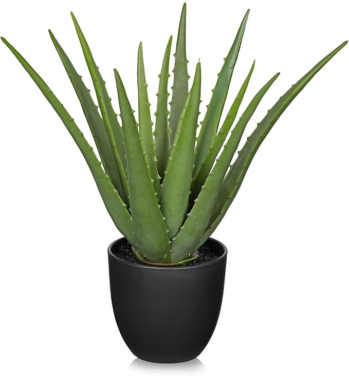Fake Succulent Aloe Vera Plants 13 Inch Large Artificial Succulents with Black Pot Faux Aloe Potted Plant for Desk Modern Home Office Bedroom Living Room Table Shelf Decor