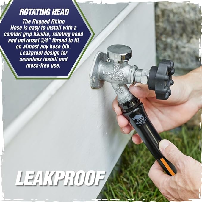 Rugged Rhino Heavy Duty Flexible Light Weight Garden Hose, 75ft x 5/8in, 4 Layer Leakproof Outdoor Gardening Tools, Watering Supplies, Powerful Water Pressure for Lawn, Flowers, Black Orange