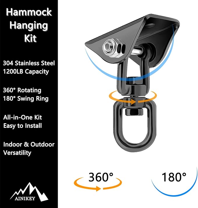 Heavy Duty Hammock Hanging Kit, 360° Rotating 1200 lb Swing Hangers for Hammock Chair Stand, Seat, Porch Swing, Yoga, Tree, Ceiling Mount, Indoor Outdoor Hanging Hardware Black | Pack of 2