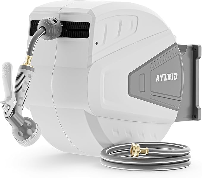 Ayleid Retractable Garden Hose Reel,5/8 in x 100 FT Wall Mounted Hose Reel, with 9- Function Sprayer Nozzle, Any Length Lock/Slow Return System/Wall Mounted/180°Swivel Bracket (Grey)