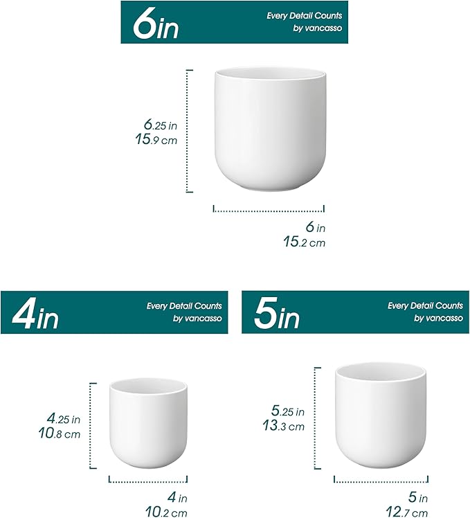 vancasso Ceramic Plant Pots, 4+5+6 inches, Set of 3, Planters with Drainage Hole, Flower Pots Planters Pots for Indoor Plants, Modern Indoor Decorative Garden Pot, Home Decor, White