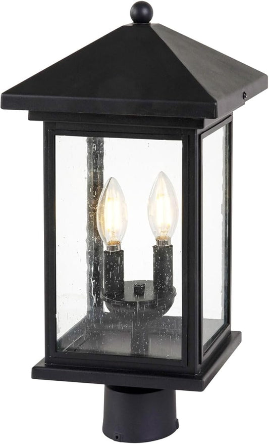 Outdoor Post Light, Waterproof Pole Lantern Lighting Fixture with Tempered Clear Seeded Glass, Matte Black Finish for Outdoors (Large Post Light)