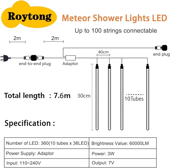 High Brightness 10 Tube 540 LED 20 Inch Meteor Shower Rain Lights Cascading Falling Rain Outdoor Lights for Christmas Roof Eaves Tree Decoration Icicle Raindrop