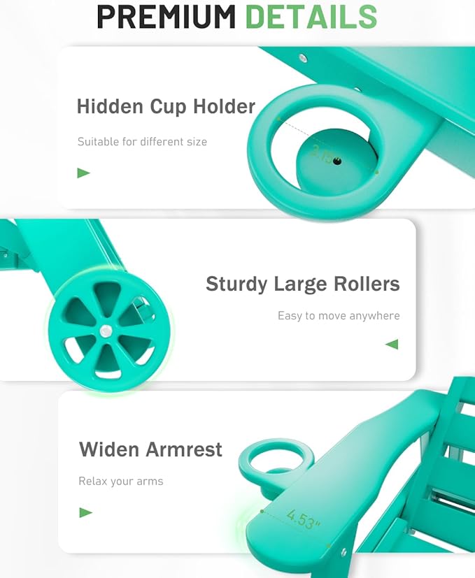 Lounge Chair Outdoor, Chaise Lounge, HDPE 6-Position Outdoor Chaise Lounge, Patio Lounge Chair with Wheels & Cup Holder for Pool Poolside Deck Backyard, Lake Blue