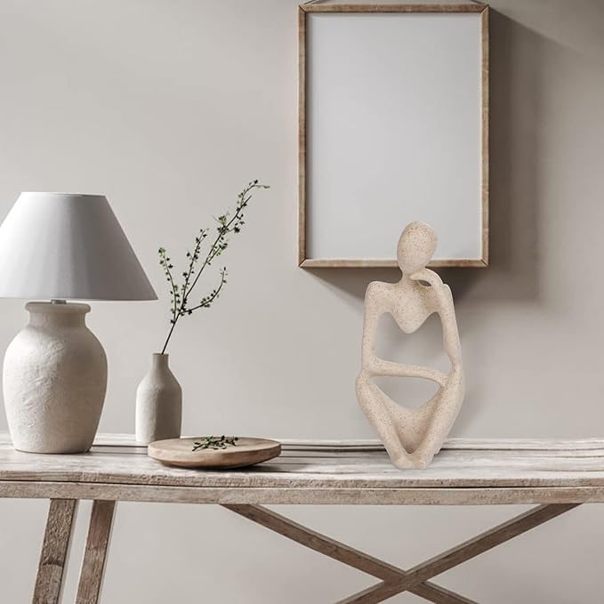 INNOLITES Boho Decor Thinker Statue Abstract Art Sculpture, Sandstone Resin Collectible Figurines for Home Living Room Office Shelf Decoration (Sandstone,Right)