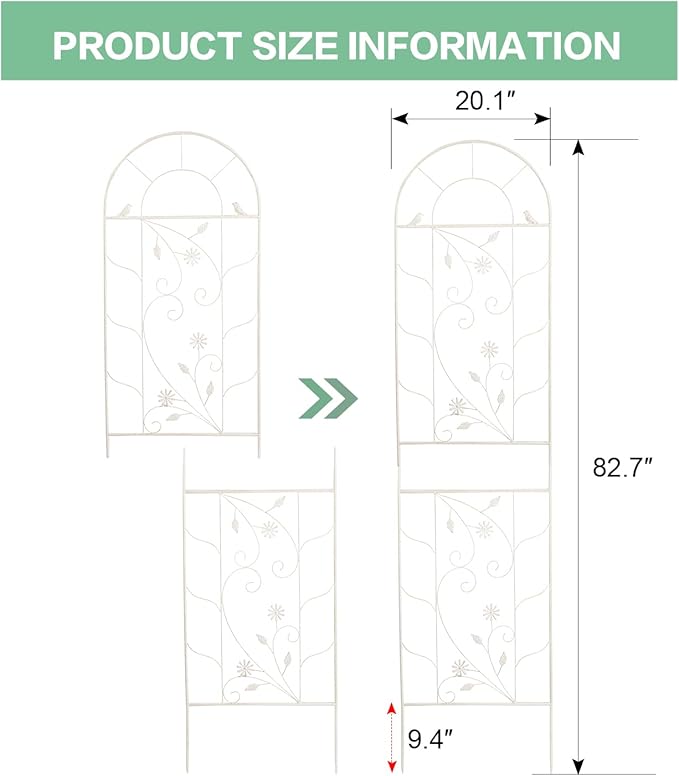 Sungmor Metal Trellises for Climbing Plants, Overall 20 Inch Width & 82.5 Inch Tall, 2PC White Pack, Decorative Retro Style Trellis Fence Panels, Garden Plant Support, Flower Rose Climbing Rack