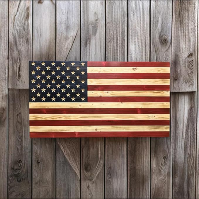 Rustic Wooden American Flag, Patriotic Wall Art (Natural Finish, 34x65)