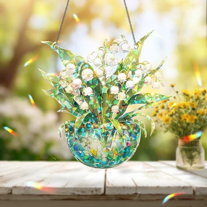 Lily of The Valley Acrylic Suncatcher – Stained Glass Ornament, Sun Catchers for Windows Hanging, Window Decor and Handmade Gift Idea, Gifts for Mom, Grandma, Nana, Plant Lovers